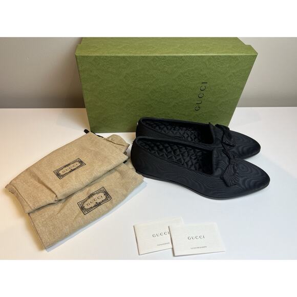 Authentic Men's Gucci Black Silk Grossgrain Bow Pointed Loafers 739937 New $890 - Picture 10 of 12